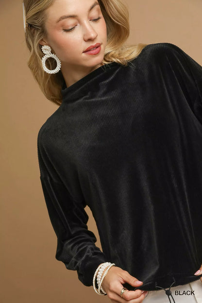 Ribbed Drawstring Hem Knit Black Top at In Style Chics Boutique 