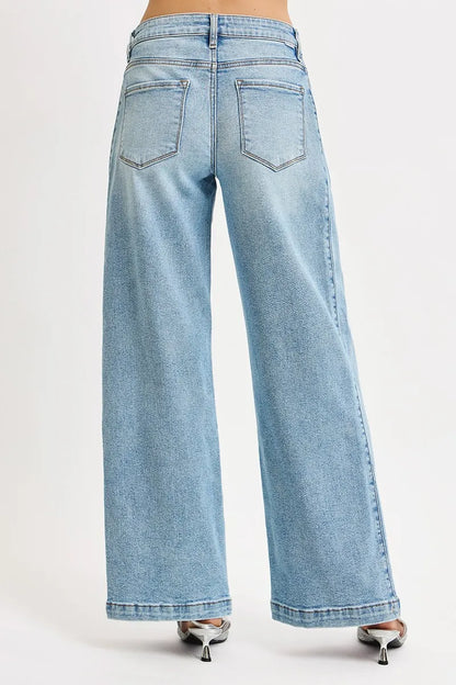 RISEN Mid Rise Wide Barrel Transferable Leg Snap Jeans at In Style Chics Boutique