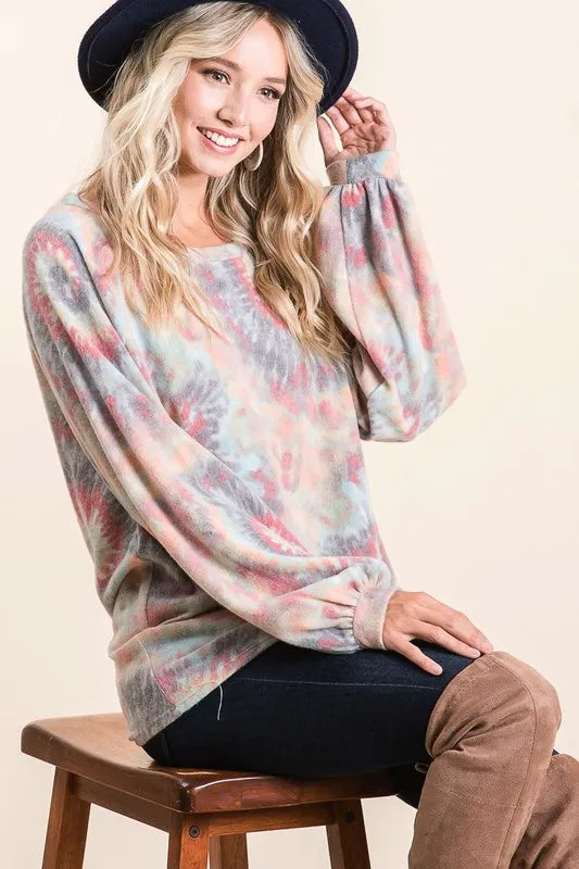 Brushed Tie Dye Print Top with Puff Sleeves at In Style Chics Boutique Fall 2025 Women's Fashion 
