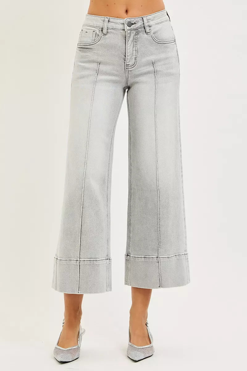 RISEN Tummy Control Mid Rise Crop Wide Pintuck Front Jeans