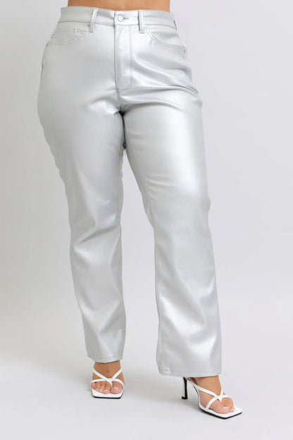 Judy Blue High Waist Silver Faux Leather Pants - In Style Chics Boutique Women's Juniors Plus Size Apparel Online 