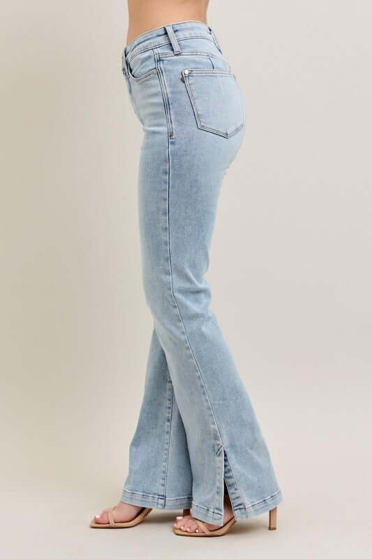 Judy Blue Tummy Control Vintage Wash Side Slit Slim Boot Jeans - In Style Chics Boutique Women's Juniors Plus Size Apparel Online 