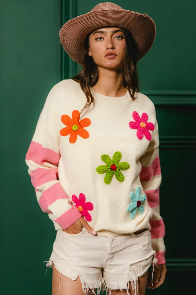 Colorful Floral Patched Sweater with Striped Sleeve at In Style Chics Boutique 