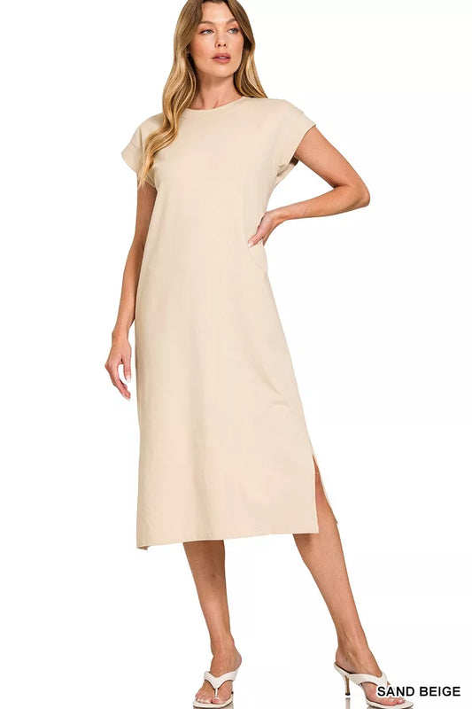 Midi Dress in Sand Beige with Round Neck and Side Slit at In Style Chics Boutique 