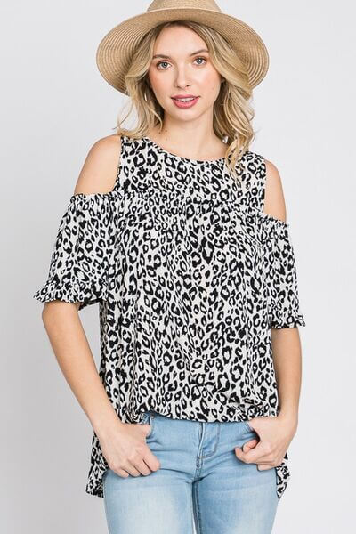 Leopard Round Neck Cold Shoulder T-Shirt Plus Size