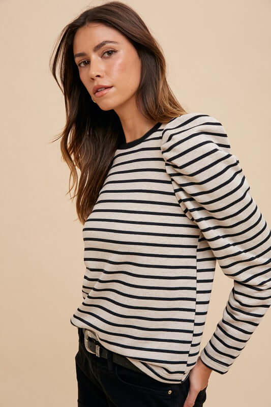 Annie Wear Striped Round Neck Puff Sleeve French Terry Top - In Style Chics Boutique LLC