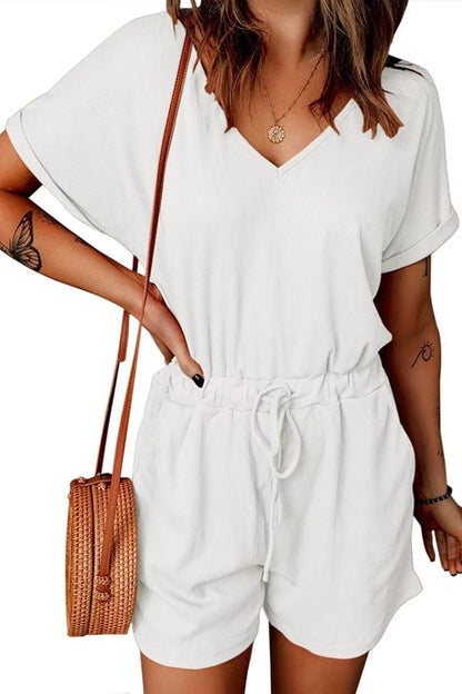 Full Size Drawstring V-Neck Short Sleeve Romper - More Colors! - In Style Chics Boutique LLC