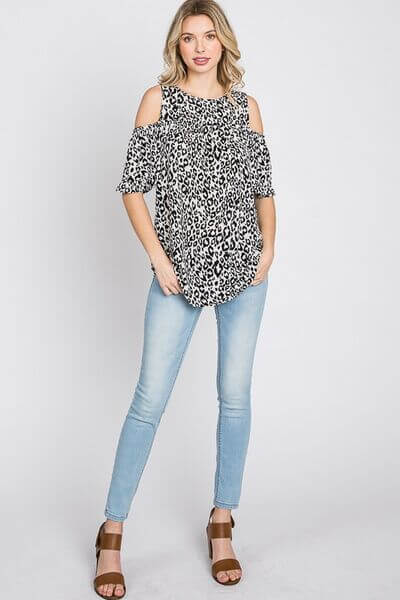Leopard Round Neck Cold Shoulder T-Shirt Plus Size