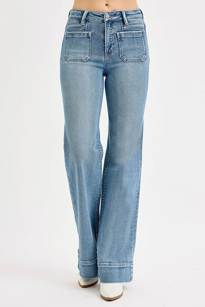 RISEN High Rise Wide Flare Jeans with Patch Pocket - In Style Chics Boutique 