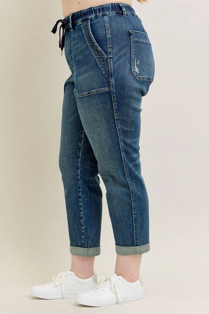 Plus Size Judy Blue HW Vintage Wash Jeans w/ Drawstring at In Style Chics Boutique 