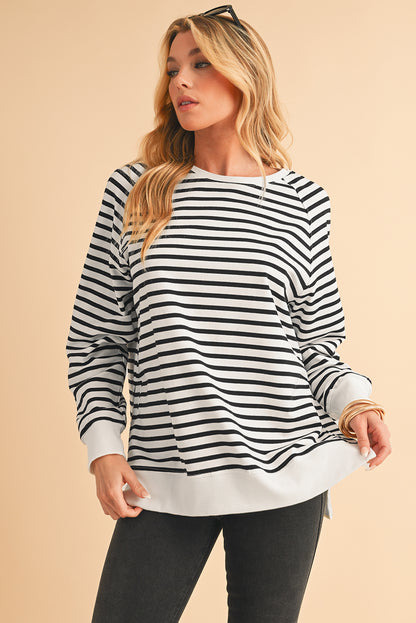 Black Stripe Raglan Sleeve Loose Split Sweatshirt - In Style Chics Boutique LLC