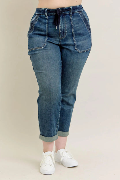 Plus Size Judy Blue HW Vintage Wash Jeans w/ Drawstring at In Style Chics Boutique 