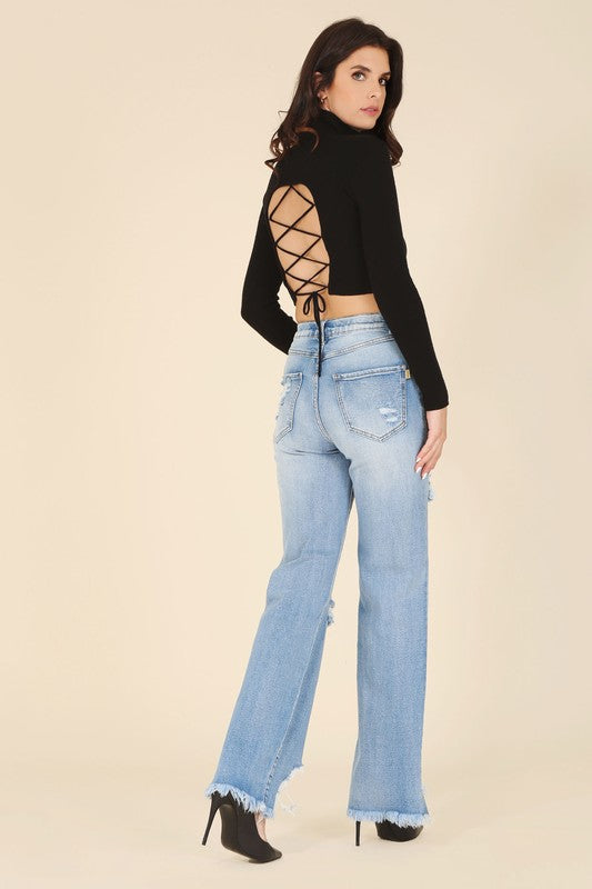 Mock neck lace-up open back top - In Style Chics Boutique LLC