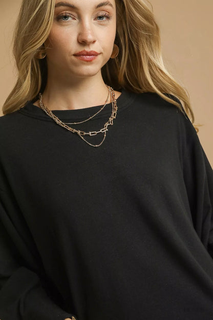 Brushed Fleece Crewneck Black Top at In Style Chics Boutique 