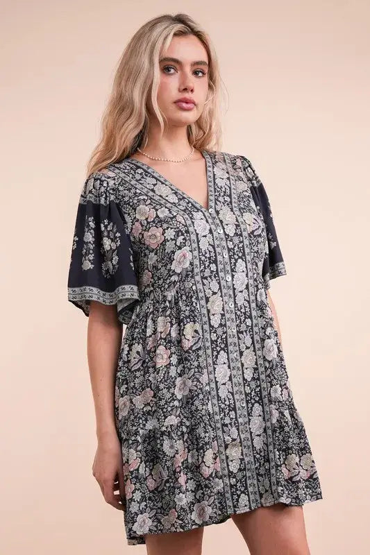 Shirring Detail Printed Woven Mini Dress - In Style Chics Boutique 