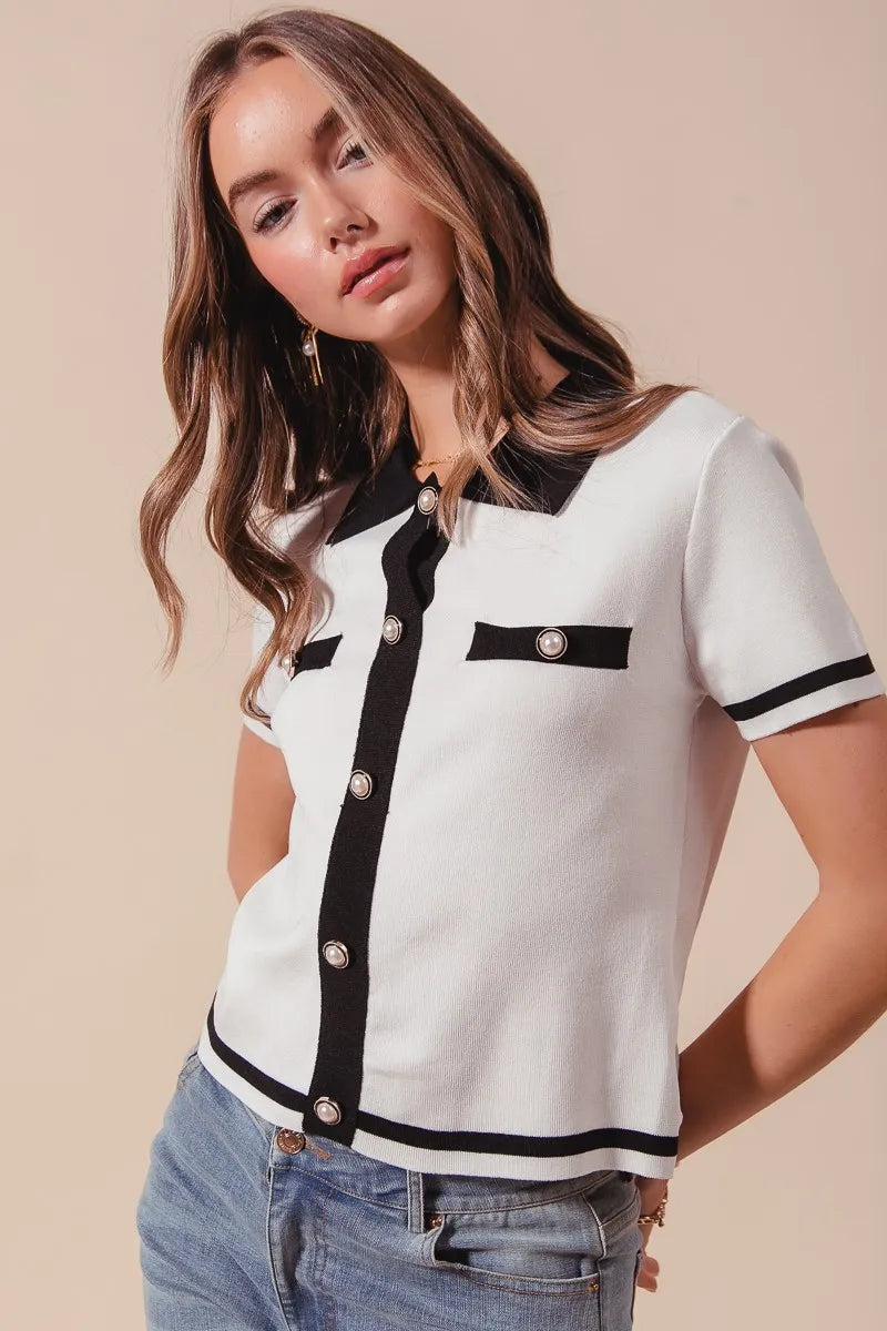 Button Down Knitted Short Sleeve Sweater  at In Style Chics Boutique 