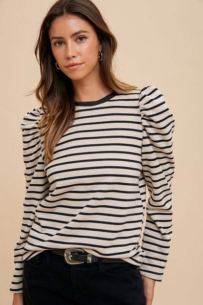Annie Wear Striped Round Neck Puff Sleeve French Terry Top - In Style Chics Boutique LLC