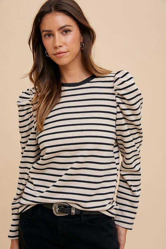 Annie Wear Striped Round Neck Puff Sleeve French Terry Top - In Style Chics Boutique LLC
