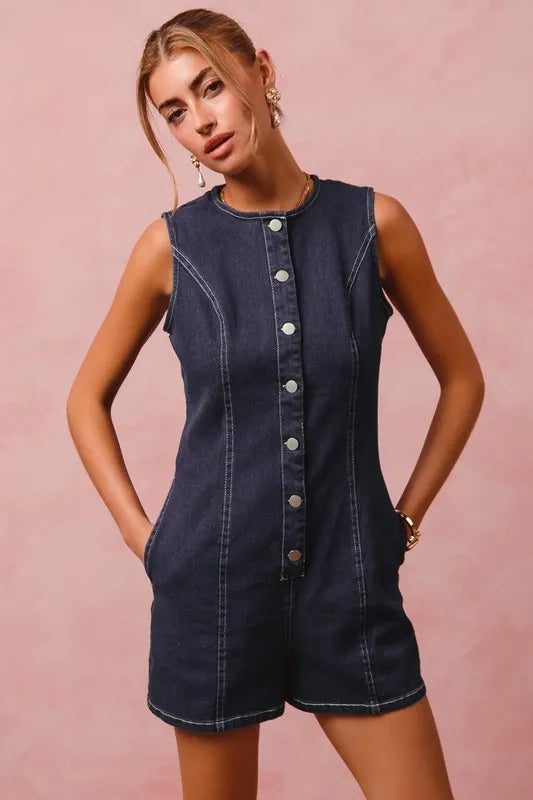 Washed Denim Sleeveless Romper Button Up Front - In Style Chics Boutique