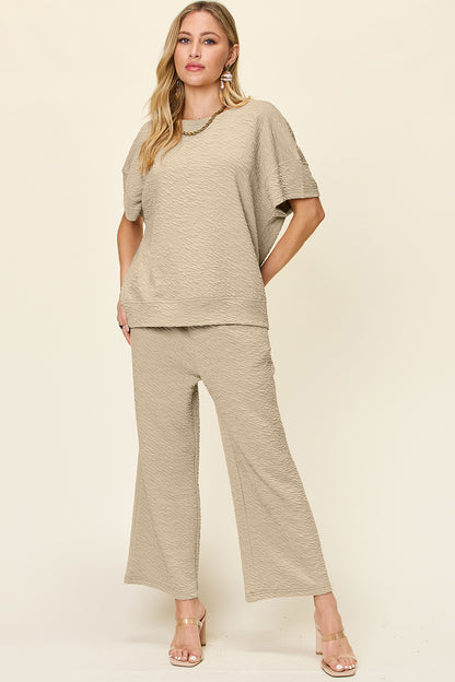 Double Take Texture Short Sleeve Top and Pants Set - In Style Chics Boutique LLC