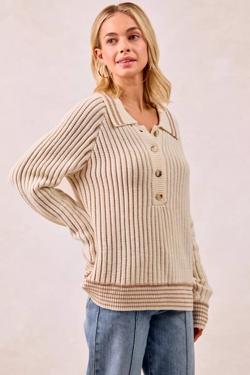 Half Button Ribbed Two Tone Sweater at In Style Chics Boutique 