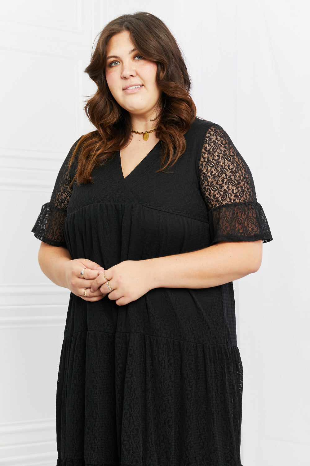 Black Lace Dress, Midi Tiered - Made in USA - In Style Chics Boutique Women's Clothes Plus Size 