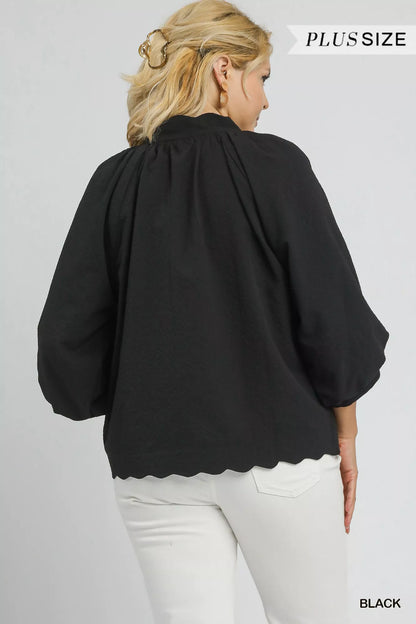 Black Blouse Textured Notched Balloon Sleeve at In Style Chics Boutique 