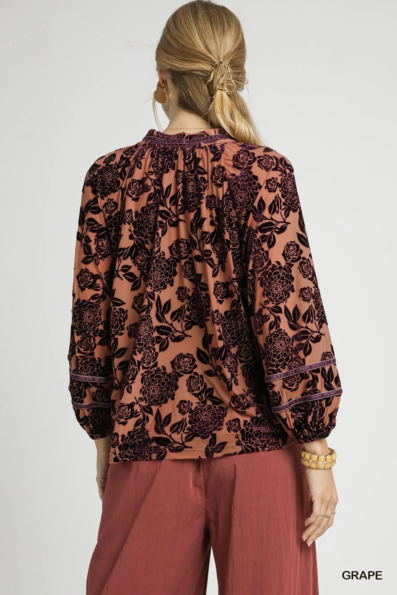 Floral Velvet Blouse with Balloon Sleeves at In Style Chics Boutique
