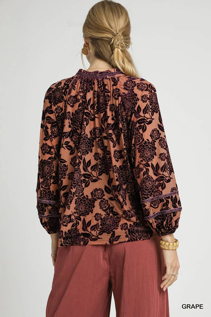 Floral Velvet Blouse with Balloon Sleeves at In Style Chics Boutique