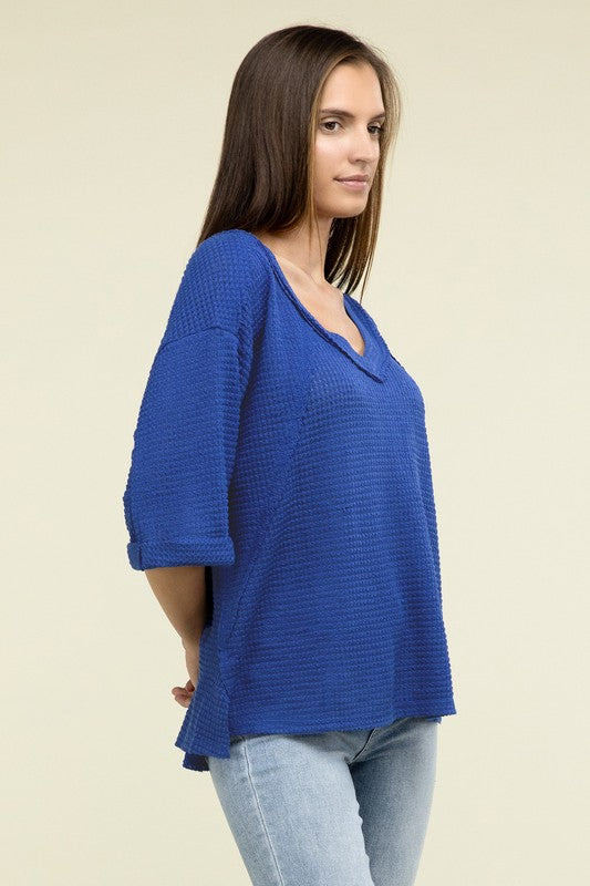 Brushed Waffle Exposed-Seam 3/4 Sleeve Top - In Style Chics Boutique LLC