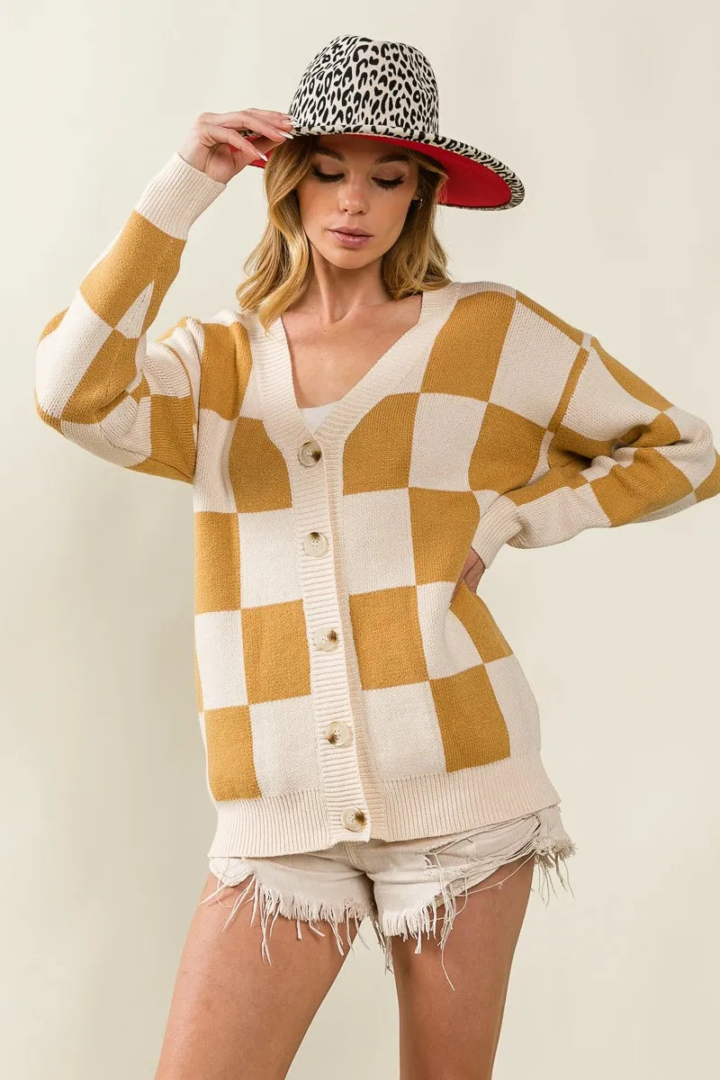 Checked V-neck Cardigan at In Style Chics Boutique 
