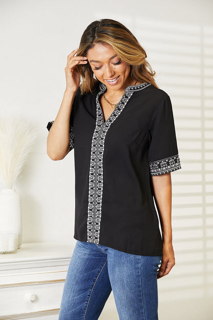 Embroidered Notched Neck Top - In Style Chics Boutique 