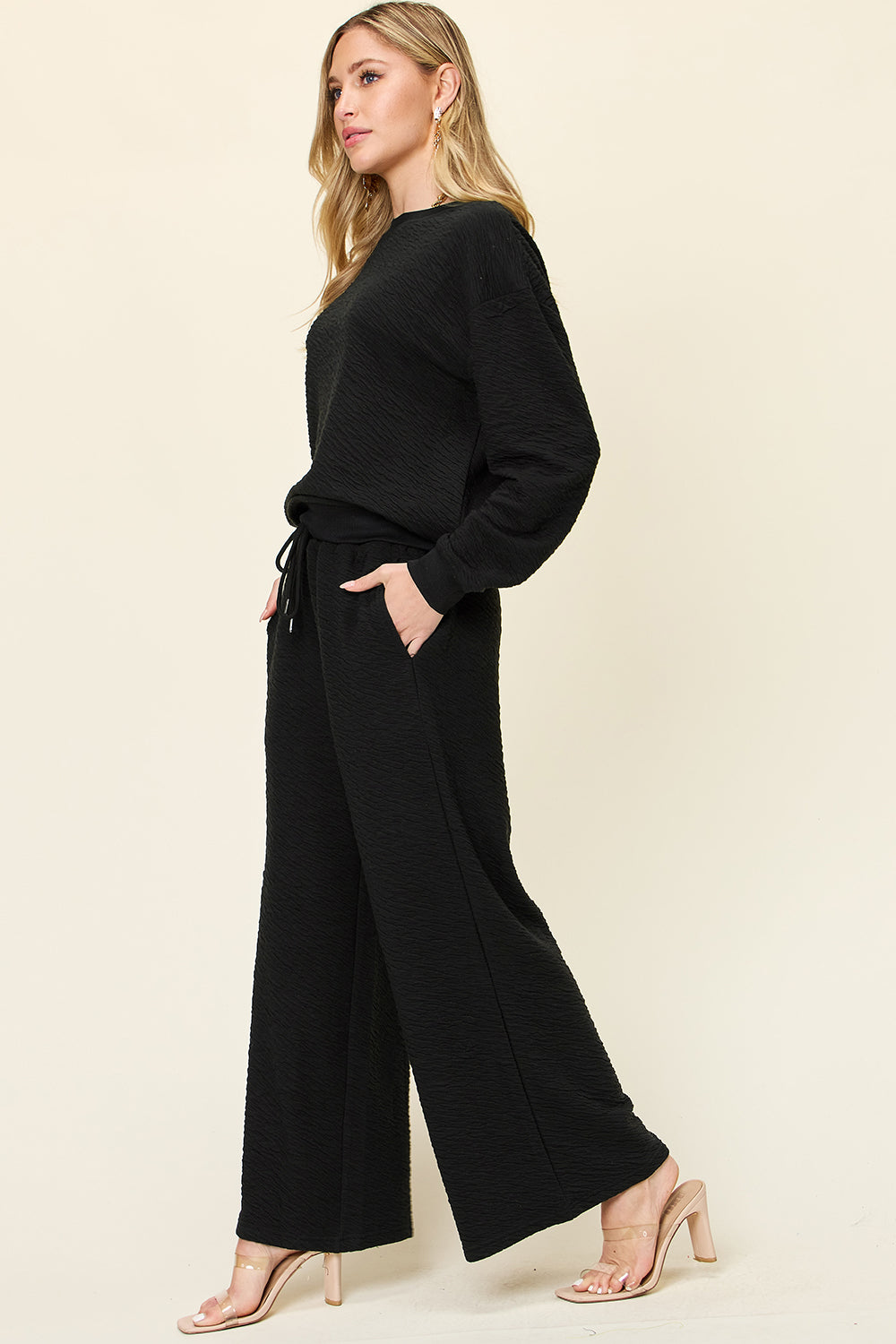 Double Take Full Size Texture Black Long Sleeve Top and Pants Set - In Style Chics Boutique LLC