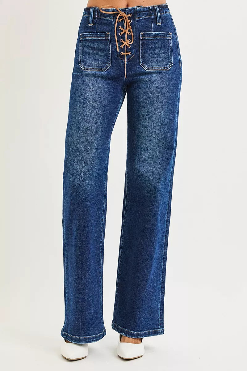 RISEN High Rise Wide Leg Jeans with Front Tie Detail