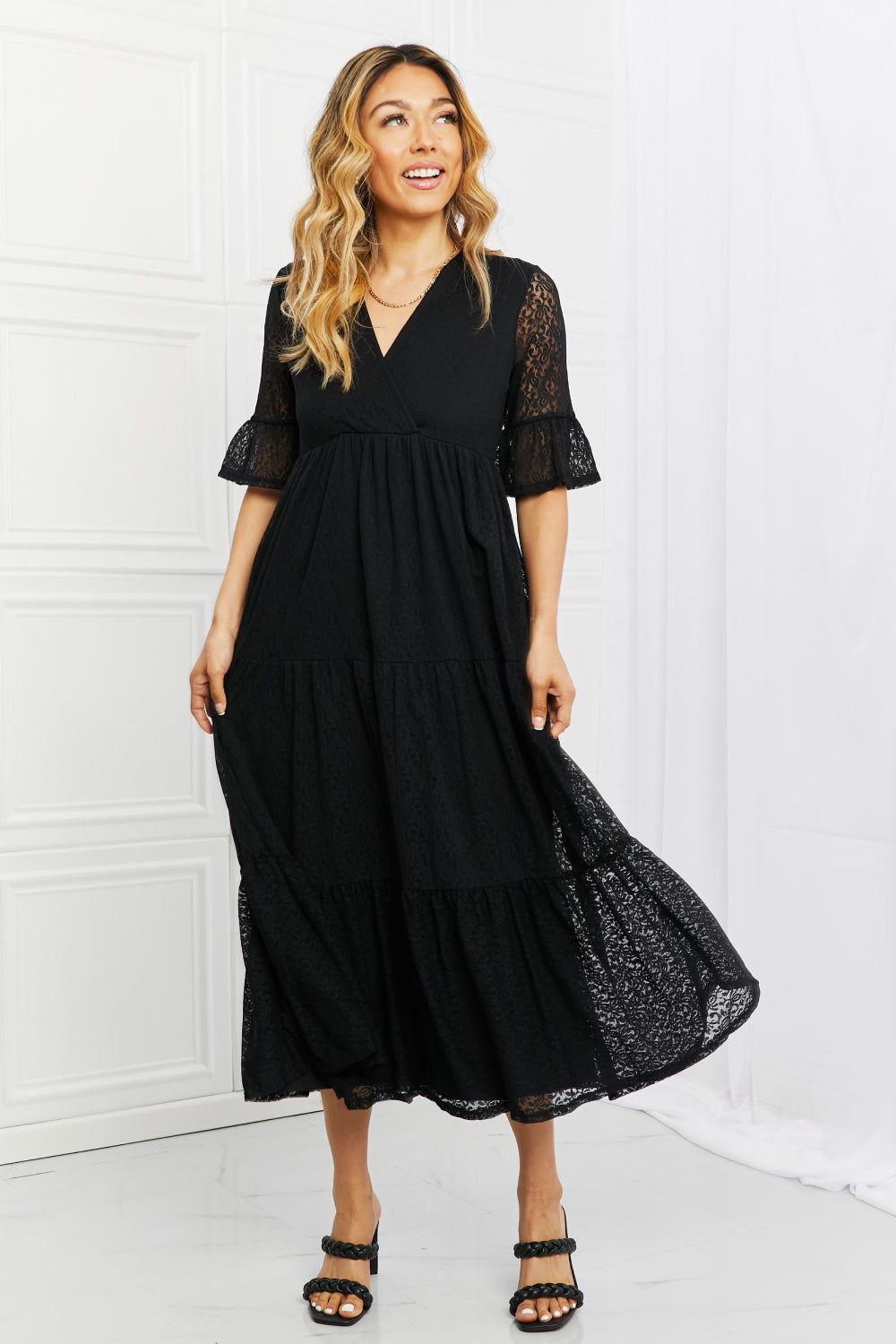 Black Lace Dress, Midi Tiered - Made in USA - In Style Chics Boutique Women's Clothes Plus Size 