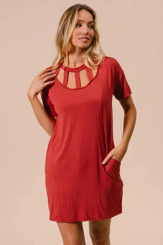 Front Cutout Mini Tee Dress with Pockets - Shop Cute Clothes Online - In Style Chics Boutique Women's Juniors Apparel 
