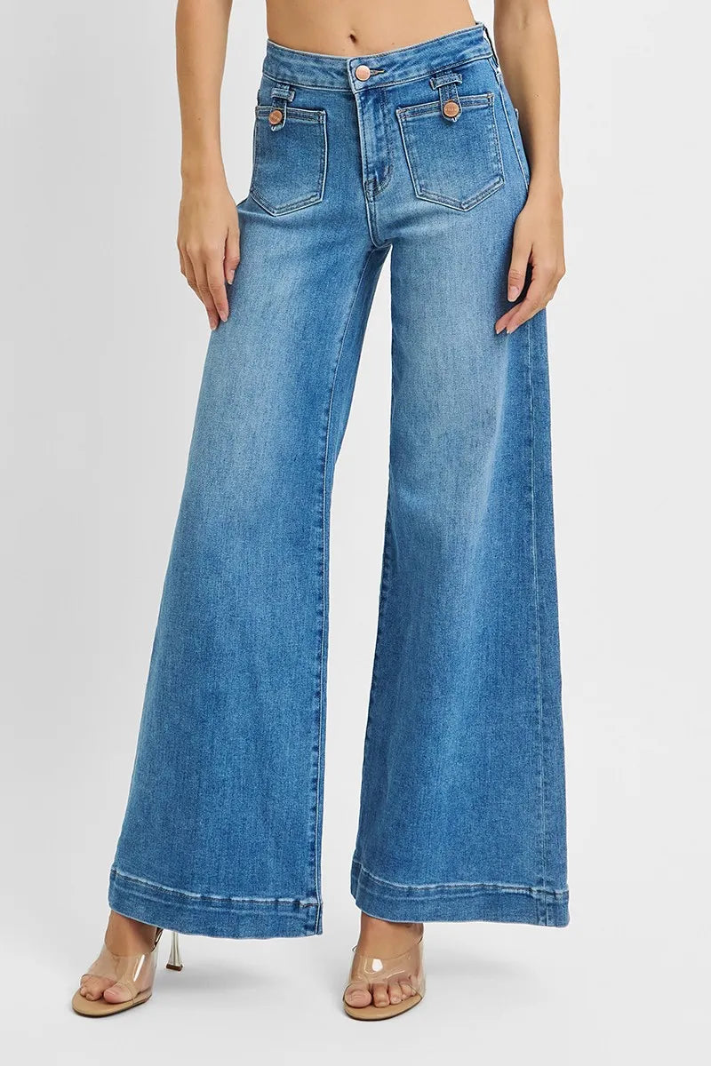RISEN Mid Rise Wide Leg Front Patch Pocket Jeans at In Style Chics Boutique