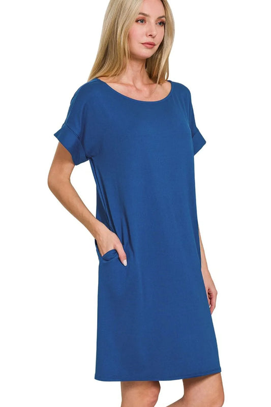 Dress in Light Navy, Rolled Short Sleeve Round Neck - In Style Chics Boutique 