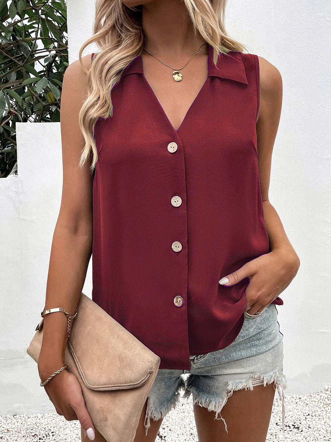 Full Size Johnny Collar Button Up Tank - More Colors! - In Style Chics Boutique LLC