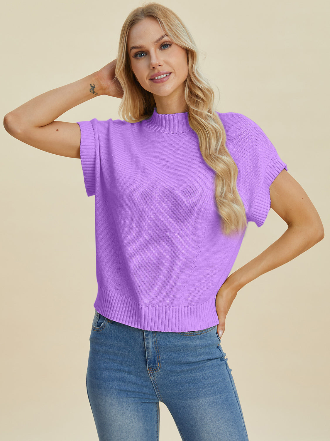 Double Take Full Size Mock Neck Short Sleeve Sweater - In Style Chics Boutique LLC