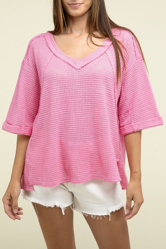 Brushed Waffle Exposed-Seam 3/4 Sleeve Top - In Style Chics Boutique LLC