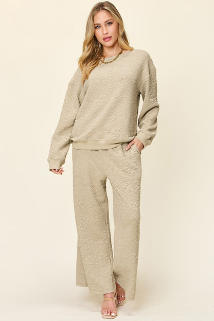 Double Take Full Size Texture Long Sleeve Top and Pants Set - In Style Chics Boutique LLC