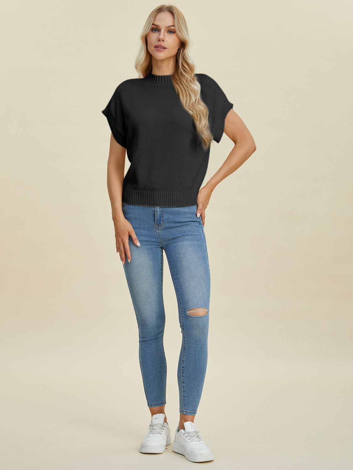 Double Take Full Size Mock Neck Short Sleeve Sweater - In Style Chics Boutique LLC