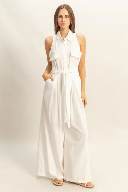 White Jumpsuit - Sleeveless Tie Waist Wide Leg - In Style Chics Boutique Women's Juniors Fashion Style Online 
