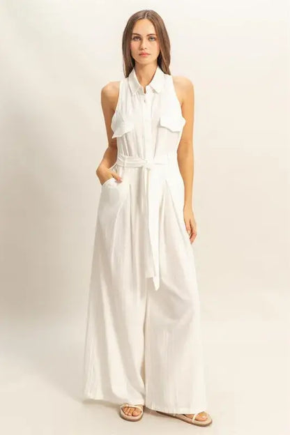 White Jumpsuit - Sleeveless Tie Waist Wide Leg - In Style Chics Boutique Women's Juniors Fashion Style Online 