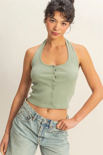 Halter Neck Buttoned Washed Top