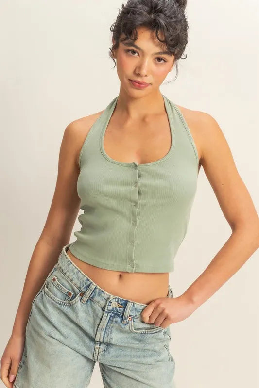 Halter Neck Buttoned Washed Top