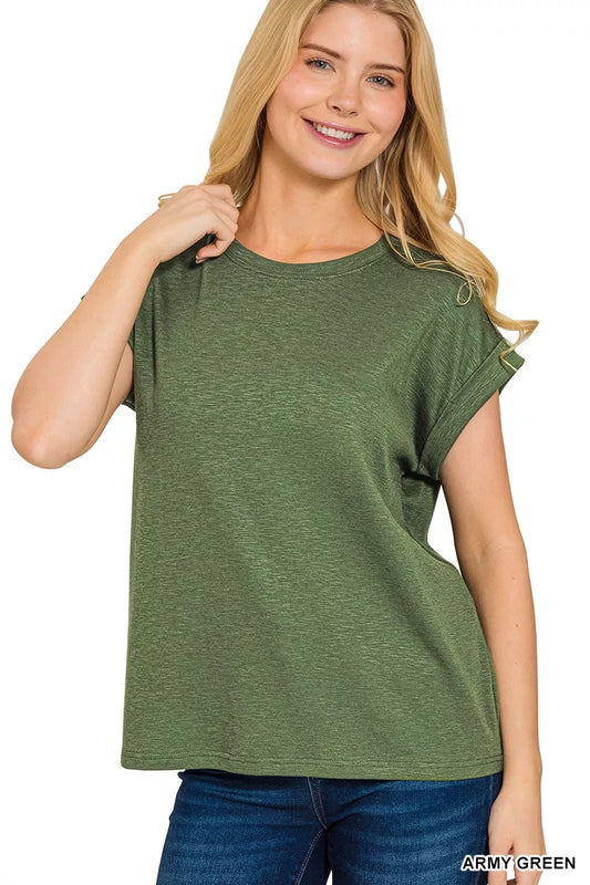 Cotton Modal Slub Rolled Sleeve T-Shirt Shop Everyday Essentials at In Style Chics Boutique 