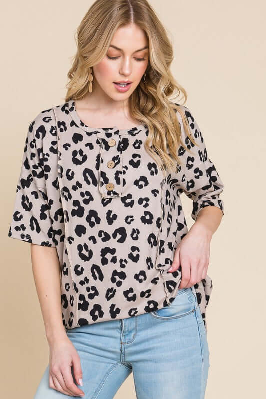 Button Detail Exposed Seam Leopard Half Sleeve Top - Cute Clothing Online Women's Juniors Apparel - In Style Chics Boutique 
