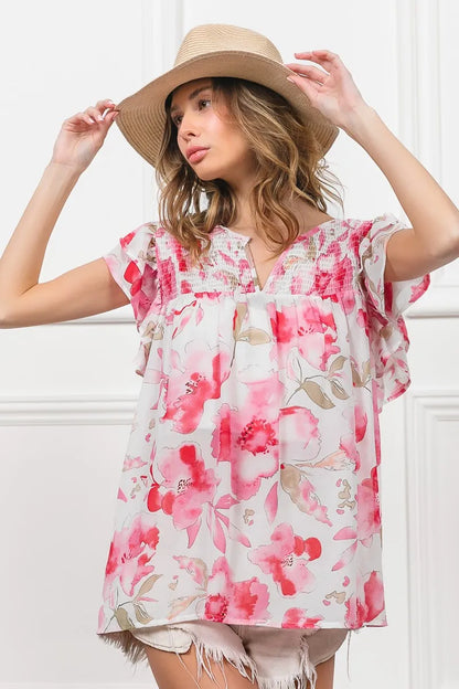 Floral Print Flutter Sheer Top at In Style Chics Boutique 